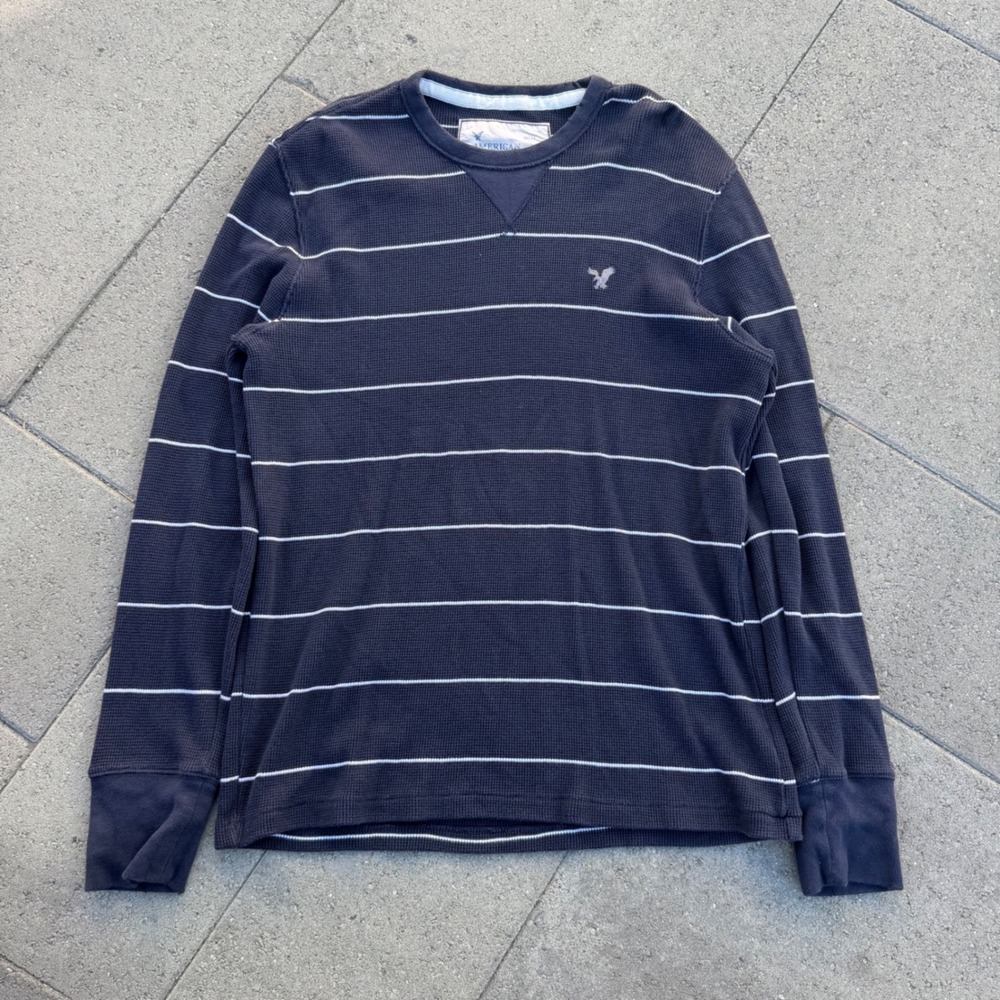 American Eagle Mens XL Tall Thermal Shirt Navy Blue White Striped Waffle Knit